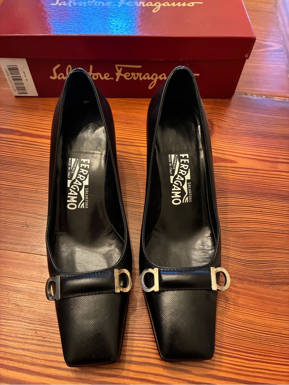 Salvatore Ferragamo Black Leather Square-Toe Pumps with Gold Hardware